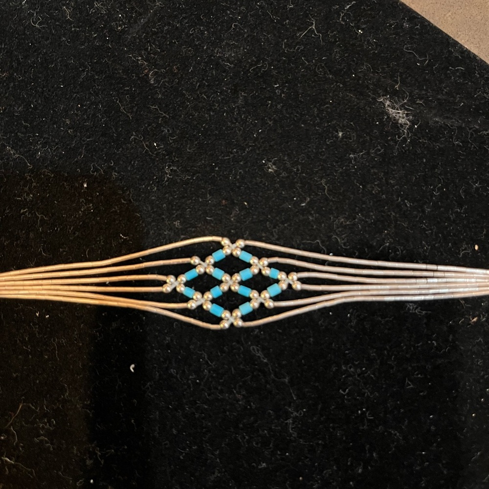 VTG Southwestern 5-Strand Sterling Silver &Turquoise Liquid Silver Bracelet 7.5"